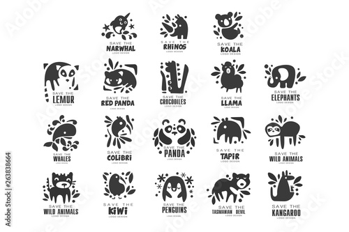 Save wild animal logo design set, protection of african animals black and white sign vector Illustrations on a white background
