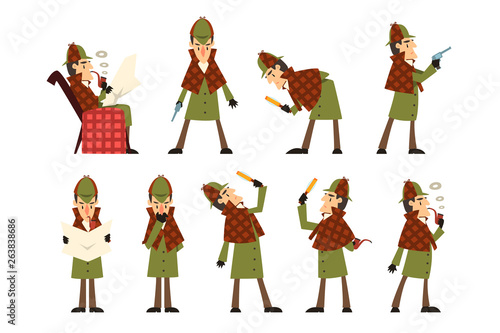 Flat vector icons of detective Sherlock in different actions thinking, reading newspaper, smoking pipe, looking into magnifying glass, holding gun