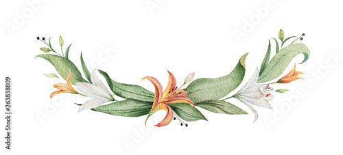 Watercolor vector wreath of orange Lily flowers and green leaves.