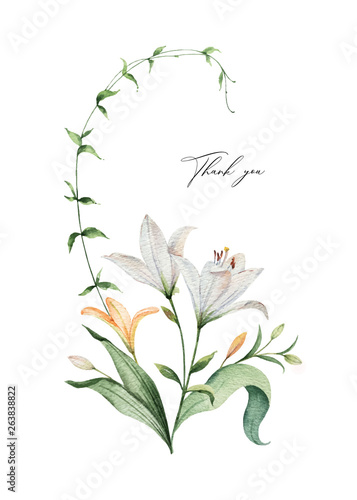 Watercolor vector arrangement of Lily flowers and green leaves.