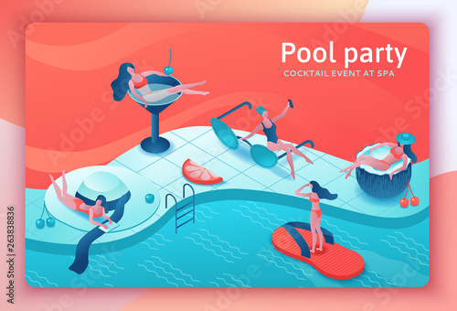 Pool party isometric 3d illustration with cartoon people in swimsuit, drinking cocktail, relax, recreation spa concept, watermelon, orange, summer event background, women paradise