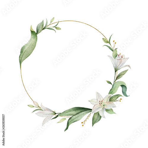 Watercolor vector wreath of Lily flowers and green leaves.
