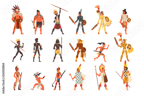 Armed native people of African tribes, Australian and American aboriginal set, tribe members in traditional clothing vector Illustrations on a white background