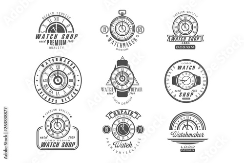Watch shop and repair service logo set, retro badges with clocks in monochrome style vector Illustrations on a white background