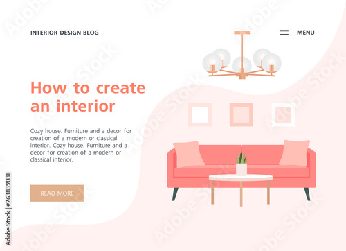 Website template online store or site about the interior and home. Living room in the apartment. Vector flat illustration