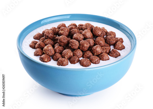 Obraz na płótnie Bowl with chocolate corn balls, milk, yogurt isolated on white background