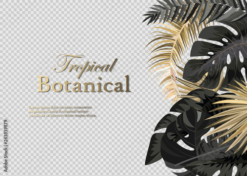 Vector vertical wedding invitation cards set with black and gold tropical leaves on dark background. Luxury exotic botanical design for wedding ceremony. Can be used for cosmetics