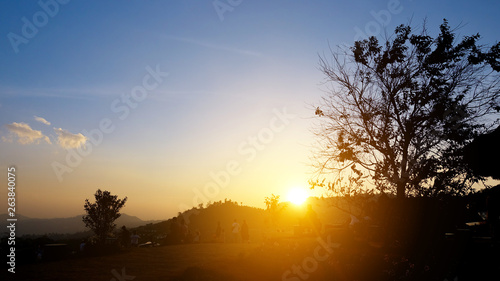 The landscape of the mountains in the evening, people come to watch the beautiful sunset