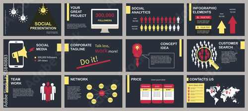 Yellow and red social media presentation template. Elements for slide presentations on a black background. Flyer, brochure, corporate report, marketing, advertising, annual report, banner