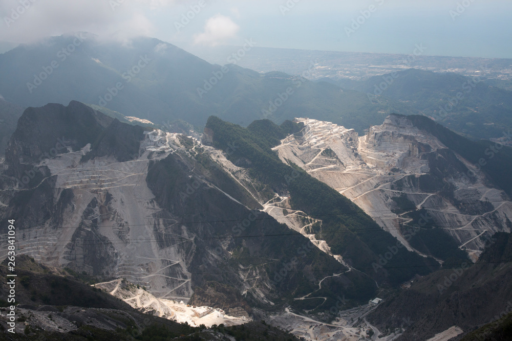 Carrara Marble Quarries from dramatic high angle Tuscany Italy
