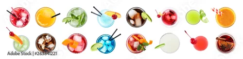 Obraz  z motywem Set of different delicious cocktails on white background, top view