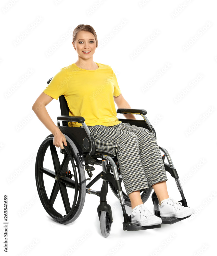 Portrait of beautiful woman in wheelchair isolated on white Portrait of beautiful woman in wheelchair isolated on white