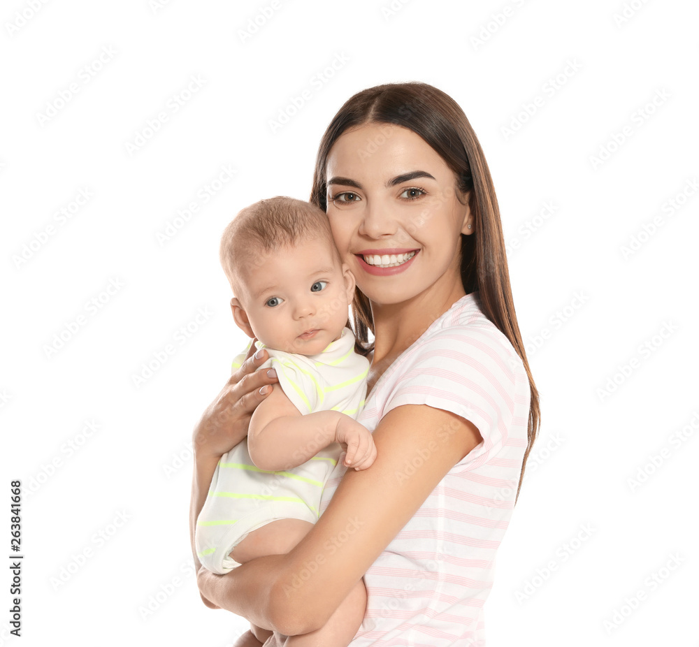 Portrait of happy mother with her baby isolated on white Portrait of happy mother with her baby isolated on white