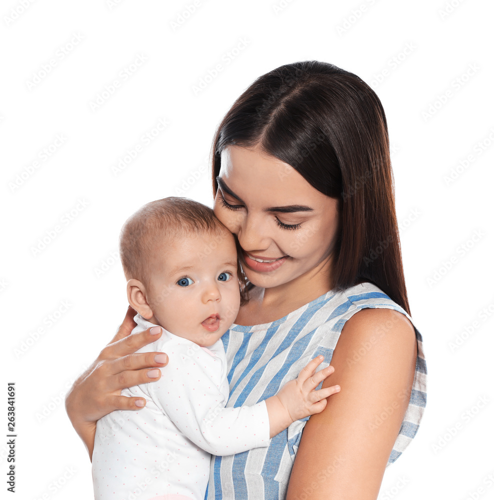 Portrait of happy mother with her baby isolated on white Portrait of happy mother with her baby isolated on white