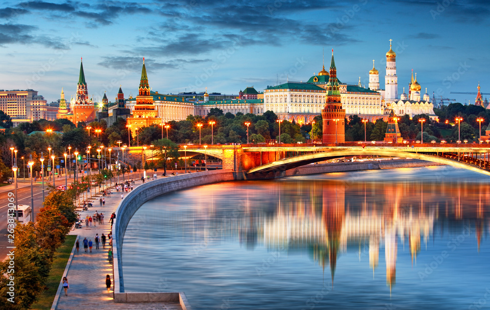 Moscow Kremlin at night, Russia with river Moscow Kremlin at night, Russia with river