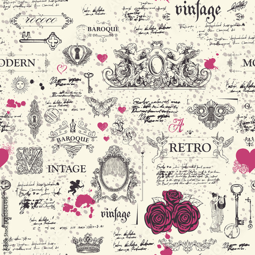 Vector seamless pattern, hand drawn background on the theme of vintage art objects, furniture and Antiques in retro style. Wallpaper, wrapping paper, textile, fabric or background for clothes