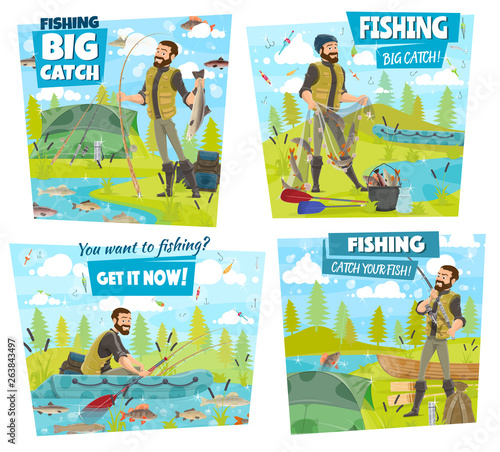 Fishing adventure, fisher catch lake or river fish