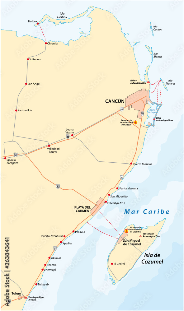 Naklejka premium riviera maya and the Holbox island road vector map