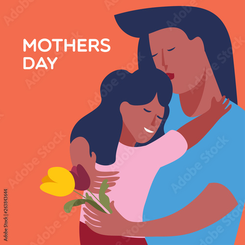 Mother hugging with daughter. Mothers day flat color illustration.