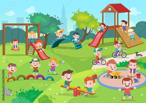 kids children playing playground vector illustration © Colorfuel Studio