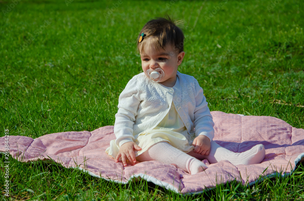 Baby in bright clothes on a pink plaid on green grass in the park. Newborn baby outside on a warm day. Little girl plays on a plaid on a green lawn in spring Baby in bright clothes on a pink plaid on green grass in the park. Newborn baby outside on a warm day. Little girl plays on a plaid on a green lawn in spring