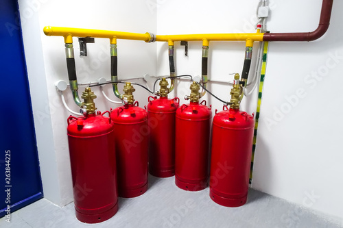 Bilde på lerret Gas cylinders of a fire extinguishing system.