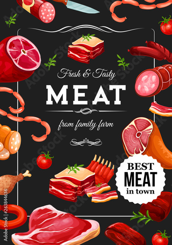 Meat sausages, beef and pork farmer butcher shop