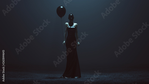Futuristic Demon Woman With a Black Balloon In a Futuristic Haute Couture Dress and face Mask Abstract Demon Assassin Front View 3d illustration 3d render 