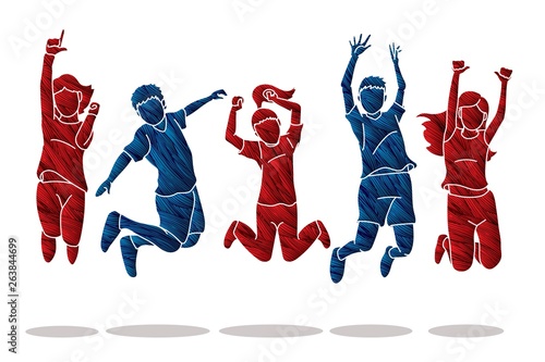 Group of children jumping, Happy Feel good cartoon graphic vector.