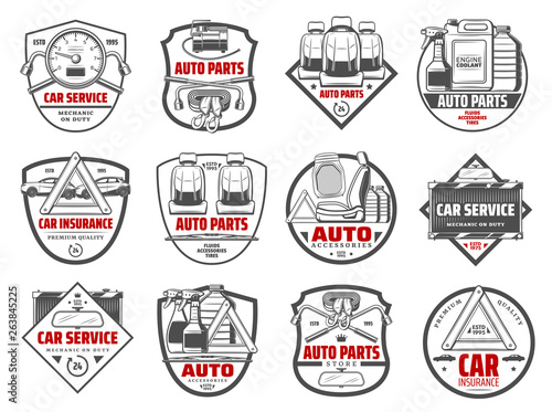Car store auto parts and vehicle accessory icons