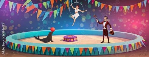 Circus acrobats and animal juggling show