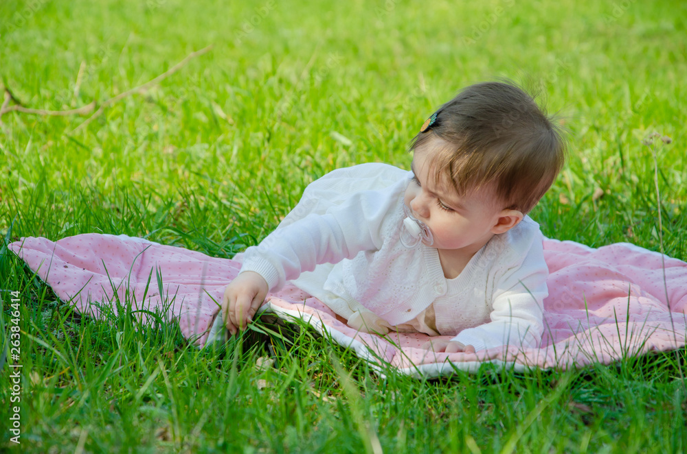 Baby in bright clothes on a pink plaid on green grass in the park. Newborn baby outside on a warm day. Little girl plays on a plaid on a green lawn in spring Baby in bright clothes on a pink plaid on green grass in the park. Newborn baby outside on a warm day. Little girl plays on a plaid on a green lawn in spring