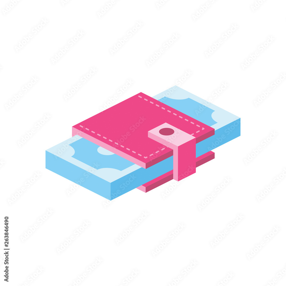 A purse with money, dollars, profit, payment, earnings, finance. Creative idea illustration wallet. 3d vector isometric icon A purse with money, dollars, profit, payment, earnings, finance. Creative idea illustration wallet. 3d vector isometric icon