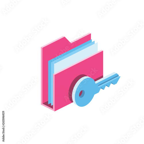 Key password access to the directory with secret information. Computer data protection. Creative idea illustration. Vector isometric 3d icon