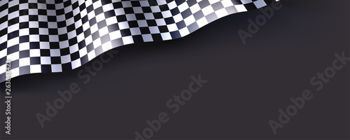 Checkered flag isolated on black background for car race or motorsport. Three dimensional vector illustration for races, competitions, lotto, bookmakers office, promotion of rates.