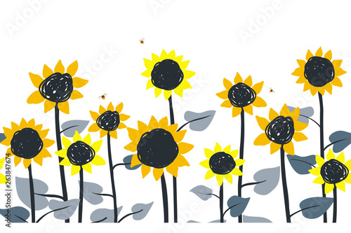 Sunflowers. Vector horizontal border seamless pattern. Hand drawn sunflowers on a white background.