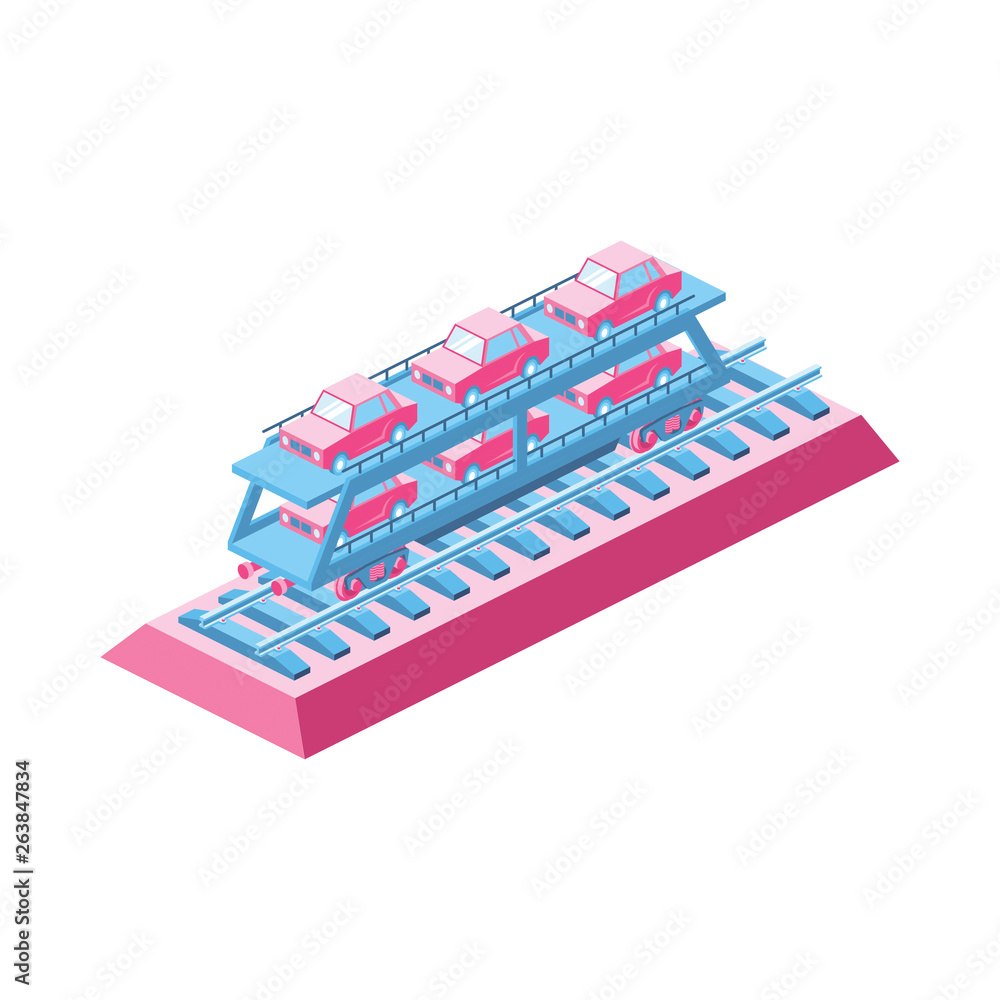 Railway carriage car transport 3d Vector Isometric icon illustration Railway carriage car transport 3d Vector Isometric icon illustration