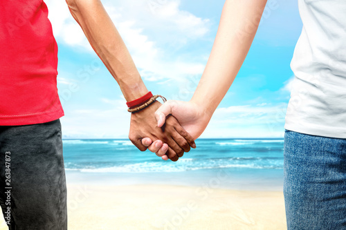 Gay couple holding hands together standing on the beach