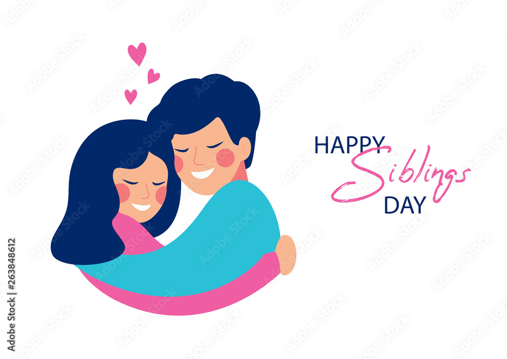 Happy siblings Day vector greeting card.Brother and sister embrace with  love and smile at each other. Stock Vector | Adobe Stock