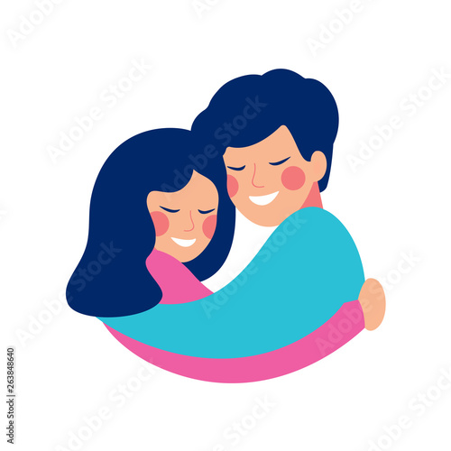 Brother and sister embrace with love and smile at each other. Happy siblings Day vector greeting card.