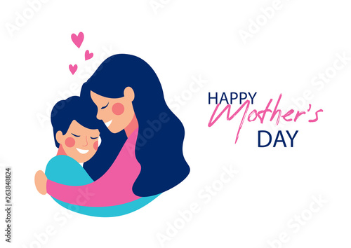 Vector greeting card for Happy Mother's day of Cute young mother embracing her son with love.