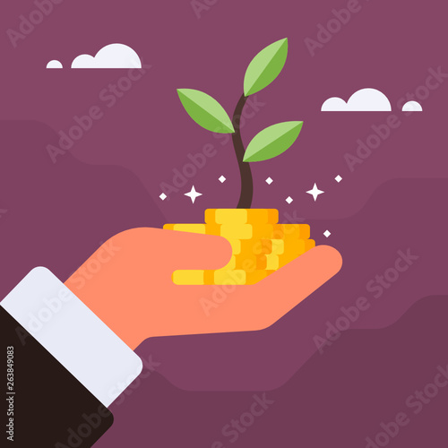 Hand holding a sprout with a handful of gold coins. Vector illustration in flat style