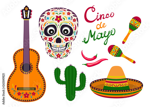 Cinco de Mayo icon set. Vector illustration of guitar, maracas and chili pepper. Cute skull, sombrero and cactus in cartoon flat style. photo