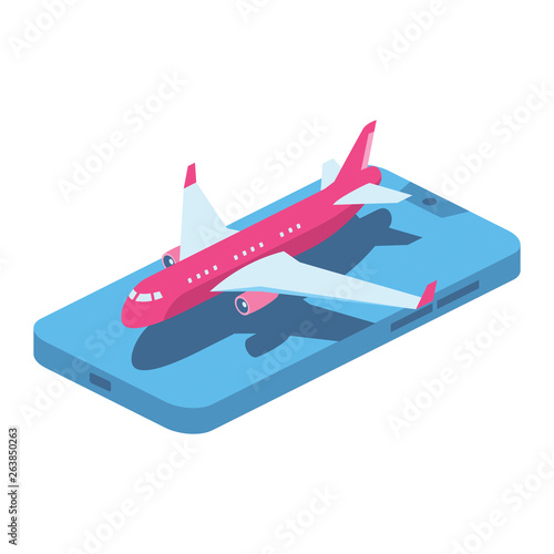 Plane ticket mobile app 3d vector icon isometric pink and blue color minimalism illustrate