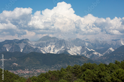 Fototapeta Naklejka Na Ścianę i Meble -  Carrara Marble Quarries viewed from Bocca di Magra Italy