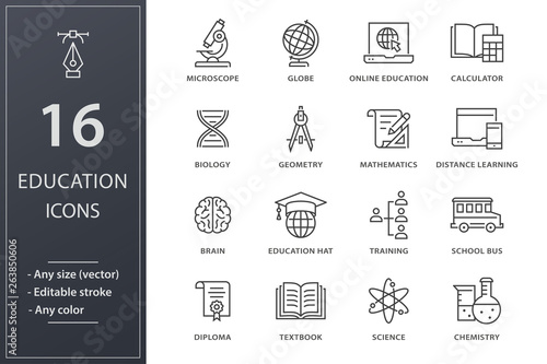 Education line icons set. Black vector illustration. Editable stroke.