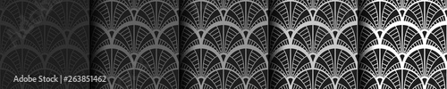 Art Deco Patterns Set. Grey and white backgrounds. Fan scales ornaments. Geometric decorative digital papers. Vector retro design. 1920-30s motifs. Luxury vintage illustration