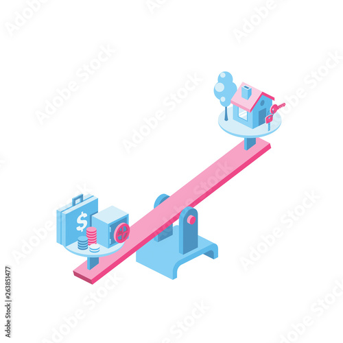 Libra Money box, mortgage, loan 3d vector icon isometric pink and blue color minimalism illustrate