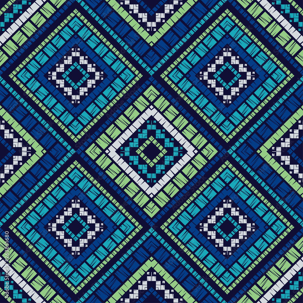 Ethnic boho seamless pattern. Embroidery on fabric. Patchwork texture. Weaving. Traditional ornament. Tribal pattern. Folk motif. Can be used for wallpaper, textile, invitation card, wrapping, web pag