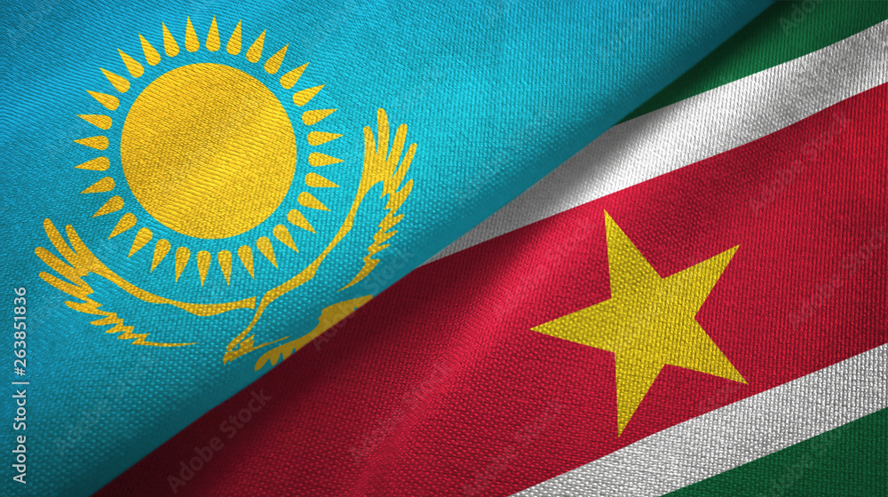 Kazakhstan and Suriname two flags textile cloth, fabric texture Kazakhstan and Suriname two flags textile cloth, fabric texture